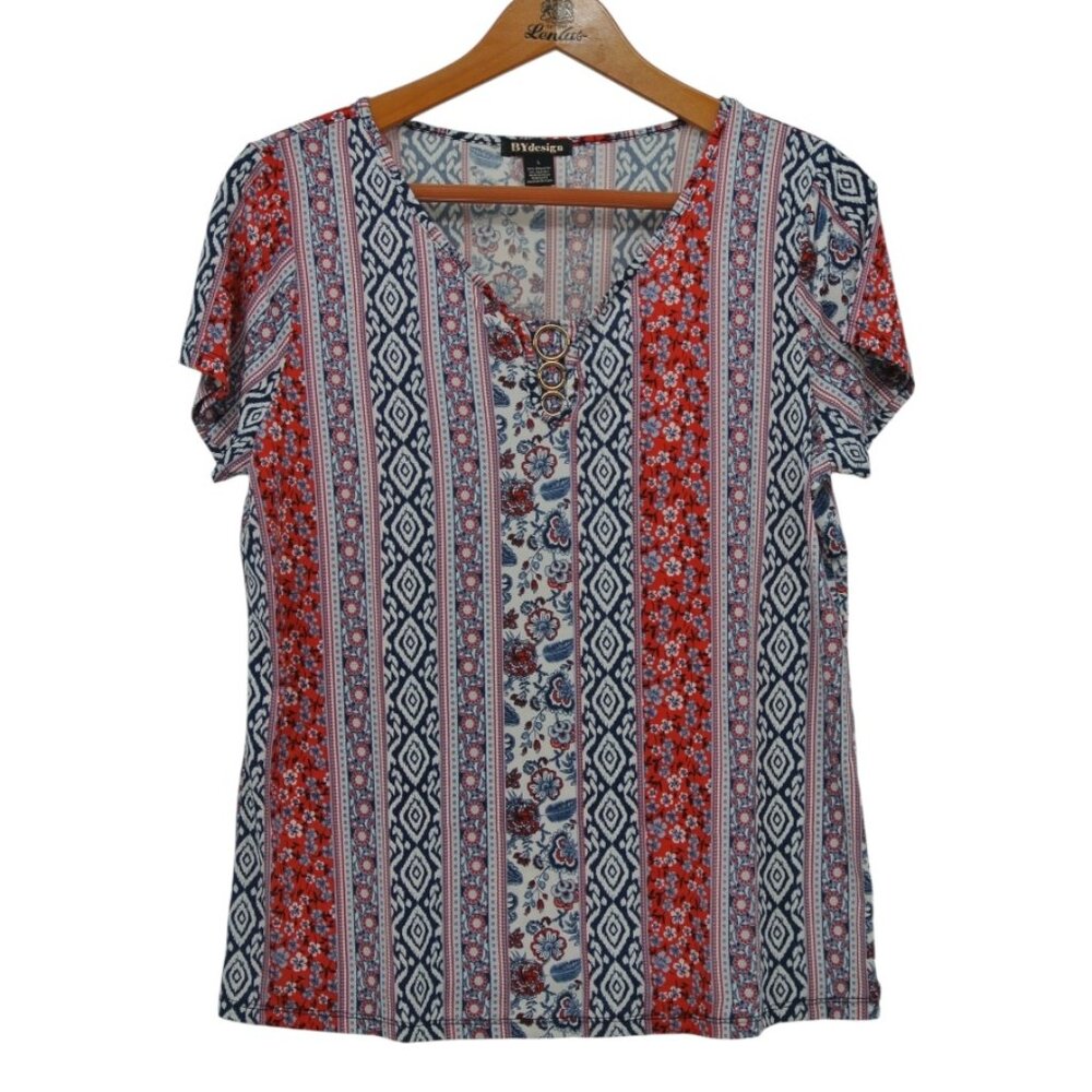 By Design Red Blue Geometric‎ Floral Gold Detail Short Sleeve Top Large